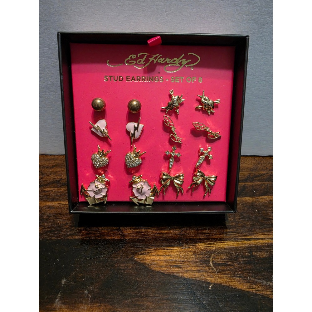 Ed Hardy Stud Earrings Set of 8 Gold Tone Tattoo Heart Rose Bow Rhinestone Y2K